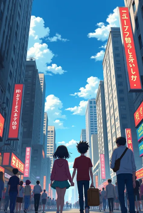 Arrival of a young couple in a city in anime