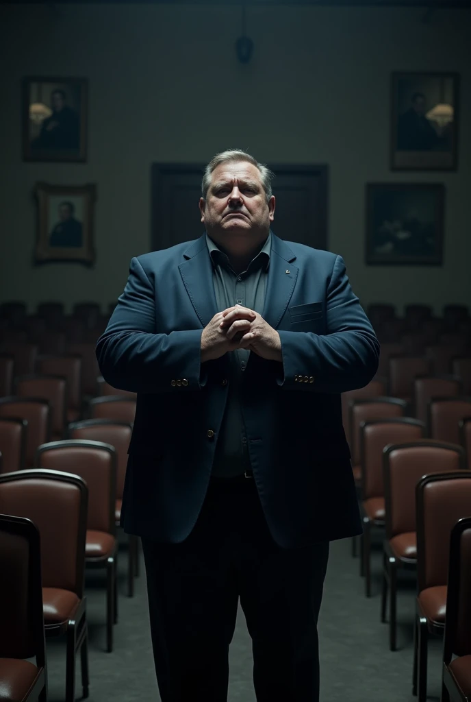 A half fat man, in a dark blue suit, speaking to a bunch of empty chairs