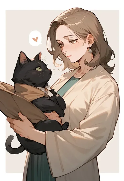 A female veterinarian, with short wavy black hair, light brown siren eyes, pale skin, mature features. Carrying the small whit cat to take it to her veterinary clinic.