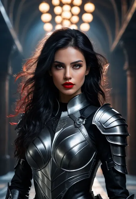 A dark warrior girl with long black hair and black eyes, wearing red lips and leather armor, in a Renaissance sci-fi full body portrait, (best quality,4k,8k,highres,masterpiece:1.2),ultra-detailed,(realistic,photorealistic,photo-realistic:1.37),intricate d...