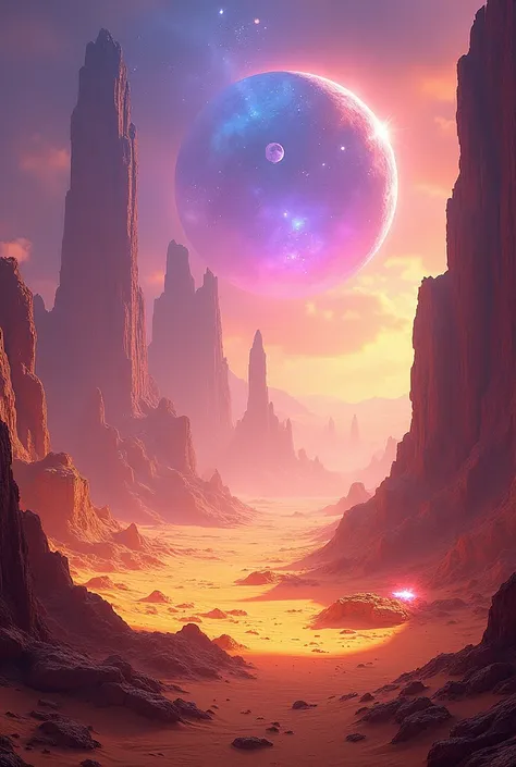 Majestic extraterrestrial desert landscape, otherworldly and magical, illuminated by a mystical sky filled with glowing nebulae and distant planets. The terrain features vast golden dunes, crystal formations, and towering rock structures, all bathed in an ...