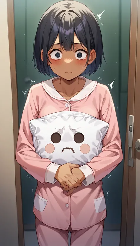 Viewer Top view  brown skin small child cute Chibi  in bedroom doorway, small breasts, bob cut b, black hair, elementary school girl, burnt skin, pink pajamas, Moda Joji, standing holding a pillow in his arm hugging, afraid, Chore, Expression of surprise, ...