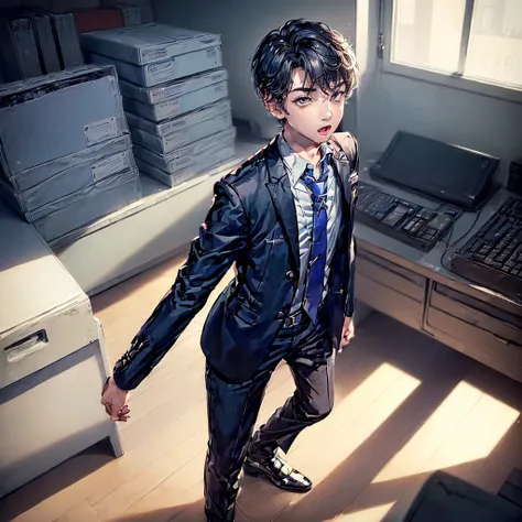 (1boy, solo:1.7), (androgynous young beautiful pretty:1.5) office_worker boy in ((office_suits)) is standing ((inside office)), ((necktie)), eyebrows, eyelashes