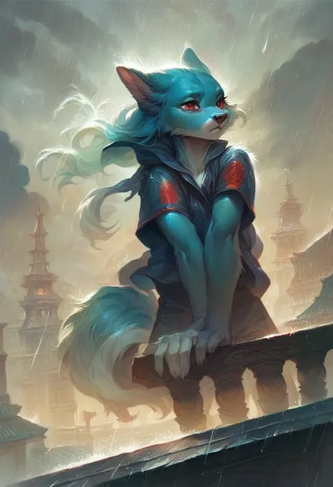 A female anthropomorphic wolf with cyan fur, red eyes, and a dark atmosphere, standing alone on a rooftop in the rain, dark-blue mist background, sole character focus, best quality,