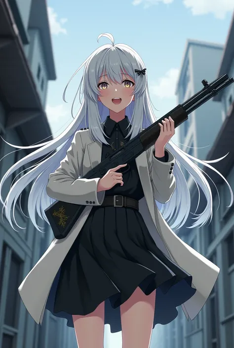 (Japanese animation feel) (During the war) (long white hair girl) (black clothes) (white coat) (A black skirt&#39;Covering the knees) (Bare legs) (meaningful laughter) (Holding a gun with a pine tree) (with bangs)