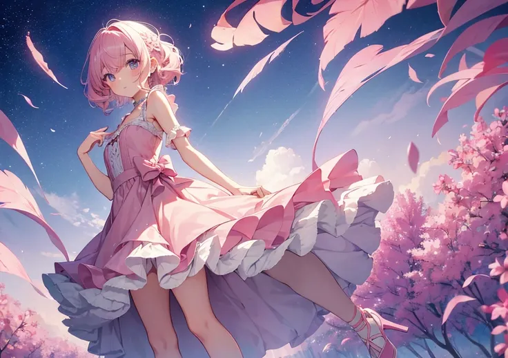 A girl with fluffy pink hair and a pink dress is standing with a gentle smile. The background is white, and her hair, dress, eyes, and shoes are all in different tones of pink. The girls hair is shoulder-length and softly curled