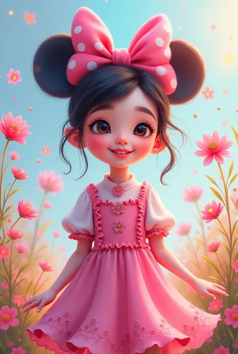 Minie dressed in Stich pink watercolor background with holographic flowers
