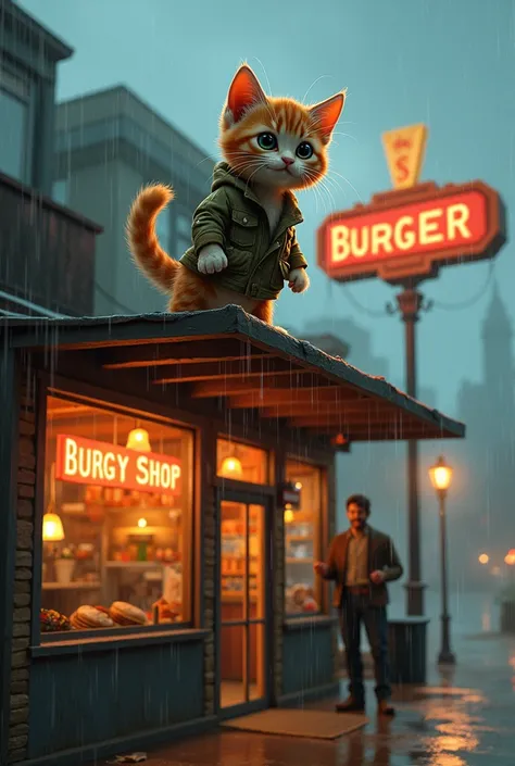 Make kitten with torn jacket is standing on a burger shop and shop owner scol him and their is raining out side the shop 