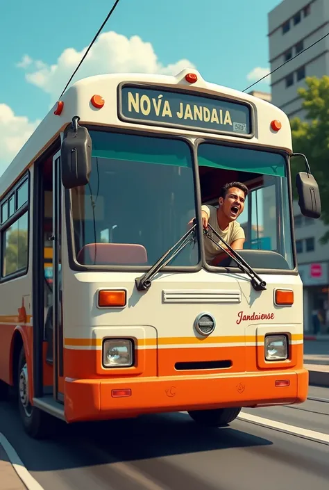 onibus urbano,White, WITH A NARROW ORANGE STRIP, JUST BELOW AND YELLING OUT THE WINDOW, ABOVE THE FENDER THE BUS NUMBER VJ01 AND BELOW THE SECOND WINDOW WRITTEN IN BLACK JANDAIENSE, WITH THE CENTER - NOVA JANDAIA ITINERARY, WITH PASSENGERS INSIDE THE BUS