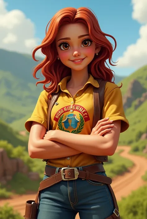 short  cowgirl with wavy hair and fair skin named maria clara dantas wearing the shirt of the federal institute of rio grande do norte