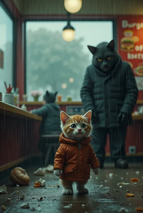 Make kitten with torn jacket is standing in a burger shop and shop owner scold him and their is raining out side the shop 