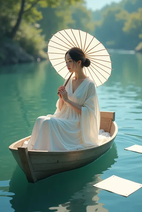 a japanese woman wearing a white dress and an umbrella in a boat on a lake with two white signs swimming on the water