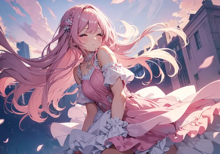 A beautiful girl in a soft pink dress has her eyes closed, her hair fluttering in the wind. The whole piece is unified in pink tones, with the dress, hair, eyes, and shoes painted in different shades of pink. The background is white