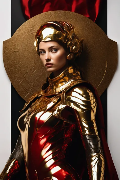 caravaggio painting; high contrast; red rising book series; virginia au augustus; beautiful woman, gold hair; shining gold eyes; leader of big spaceship feet; gold futuristic armor with red details; futuristic godess warrior;
