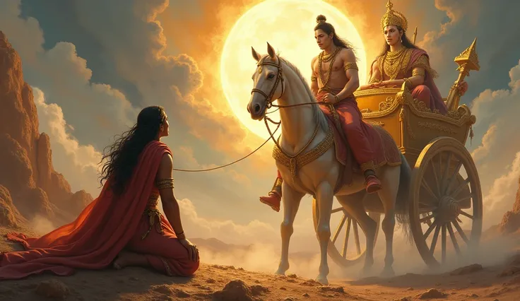 humble Arjuna kneels before Krishna, who stands in his chariot, glowing with divinity, after receiving the knowledge of the Gita.
