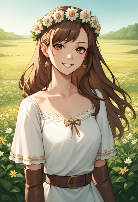 score_9, score_8_up, score_7_up, score_6_up, score_5_up, score_4_up, source_anime, 1woman,lora:amber1-000008:1>, amber5star, upper body, smile, worth, brown hair, a wreath of flowers, long hair, brown eyes, white dress, thigh high boots, brown boots, thin ...