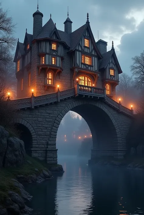 A large medieval bridge with several houses built on it. It&#39;s late afternoon and the bridge&#39;s torchlights are lit.