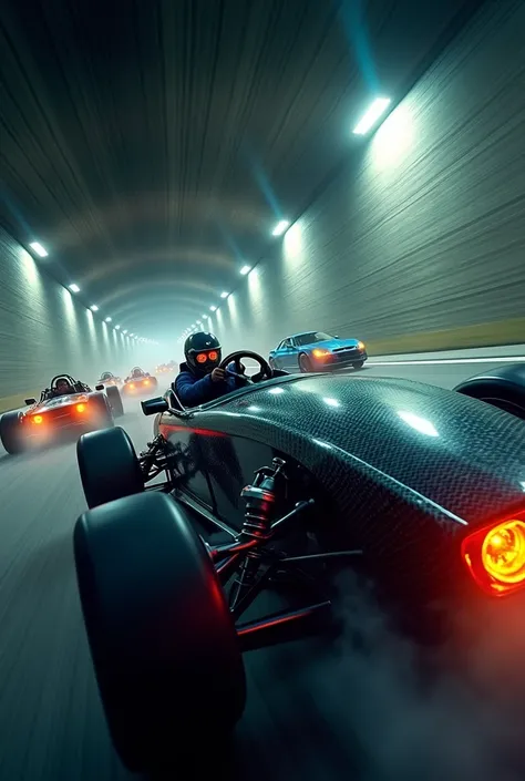 Generates an image of an underground high-speed car race, realistic