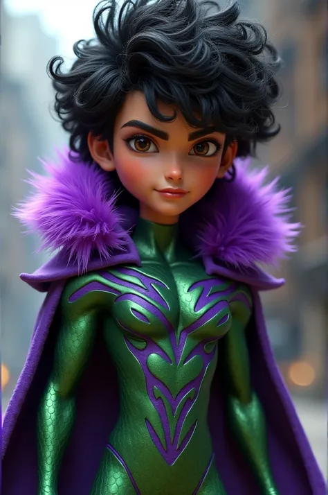 Disney male avatar sass and roaar 3d animation.with dark brown eyes ,Black curly hair, green snake scale outfit with purple fur and stripes.expression of justice 