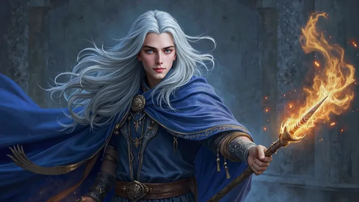 (photorealism:1.2), young handsome man, magician, with long white hair, gray eyes and blue cloak