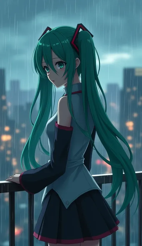 Hatsune miku, head turned 45 degree towards camera, anime girl with long green hair standing on a balcony in the rain, anime style 4 k, anime style. 8k, anime art wallpaper 8 k, anime wallpaper 4k, anime wallpaper 4 k, 4k anime wallpaper, anime art wallpap...