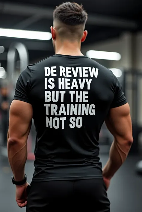 gym shirt designer with name "Focused and Hardworking" on the back and front the phrase "the review is heavy, but the training not so much" in a creative way and in Portuguese 