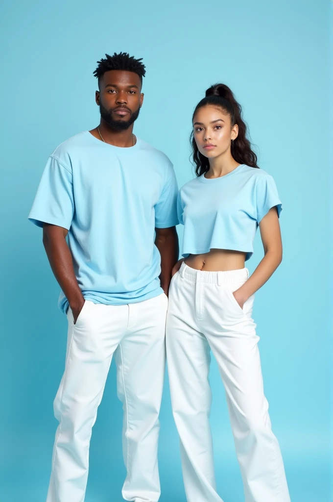 "Create a sleek and modern portrait of a couple dressed in contrasting lite sky blue and white outfits. The man wears a casual lite sky blue baggy t-shirt with white pants, while the woman also casual lite sky blue baggy t-shirt with white pants, The backd...