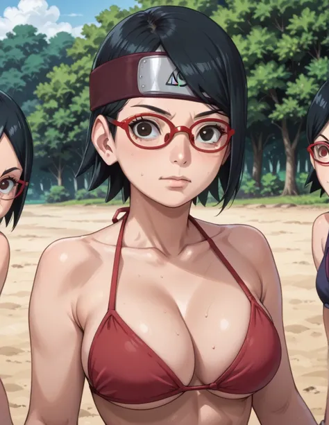 , source_anime,
saradauchiha, sarada uchiha, short hair, black hair, black eyes, red-framed eyewear, glasses, swept bangs,
big t...