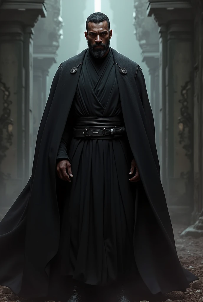 Sith lord with brown skin short black air an beard