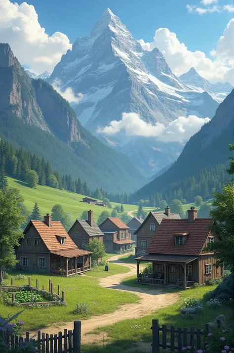 Small country town surrounded by mountains and lush green fields 