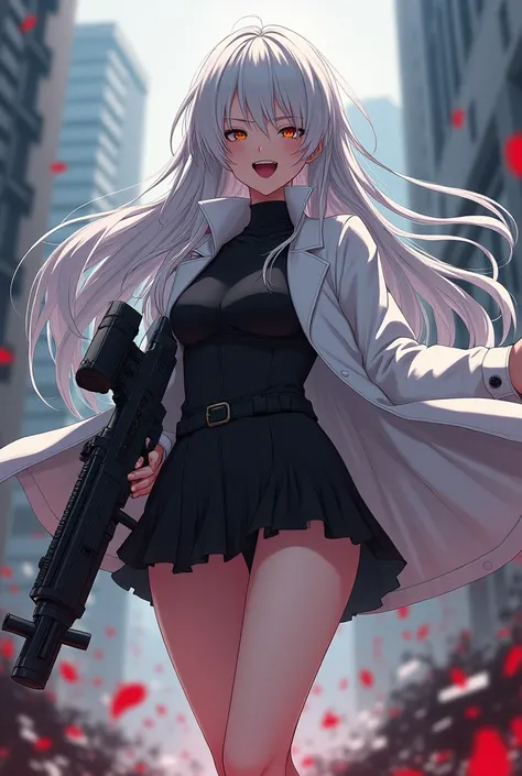 (Japanese animation feel) (In the middle of war) (girl with long white hair) (black clothes) (white coat) (Black skirt that doesn&#39;t cover the knees) (Bare legs) (A meaningful laugh) (With a machine gun) (With bangs) (Teens) (mature) (slanted eyes) (Vil...