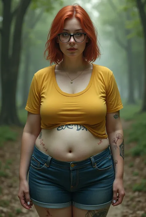 Realistic image of a woman with the following characteristics:
- Her name is Sheila.
 - She has red hair.
 - White color.
 - some freckles on her face - She has a round face.
 - Black eyes.
 - Shoulder length hair - wears bottle-bottom glasses.
 - has very...