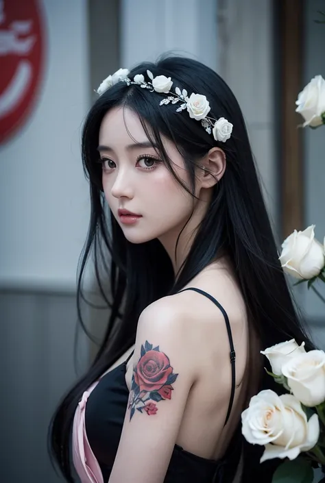 A beautiful anime girl with long black hair, wearing a white dress with red roses, a detailed tattoo, extremely detailed and beautiful eyes, portrait in the style of guweiz, highly detailed digital anime art, beautiful anime girl portrait, detailed anime a...