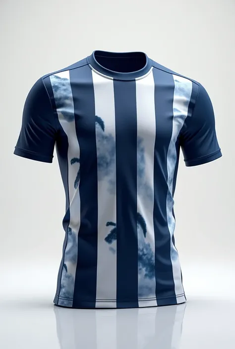 Football shirt with dark blue and white vertical stripes Unique model with blurred designs on the blue stripes That are thick stripes and without a shield