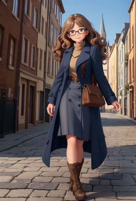 A confident woman with curly light brown hair, wearing dark-framed glasses, a blue coat, a skirt, and boots, walking through a charming European city on a cool day. She carries a brown leather backpack slung over one shoulder, adding to her relaxed and tra...