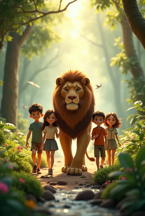 "Generet cinematic images"
The children and the lion walking together through the forest, forming a strong bond.

The lion standing protectively beside them, as the children explore new areas.

A serene scene with flowing streams, towering trees, and wildl...