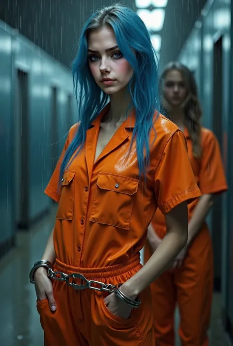 ultra realistic professional full body camera (((prisoner in orange sexy jumpsuit, sexy pose, under rain, handcuffed,girl wearing orange behind her , thunderstorm in sky, wet body, deadly crazy smil　))) (photo 1028k qhd) by (James C. Christensen:1.2|Jeremy...