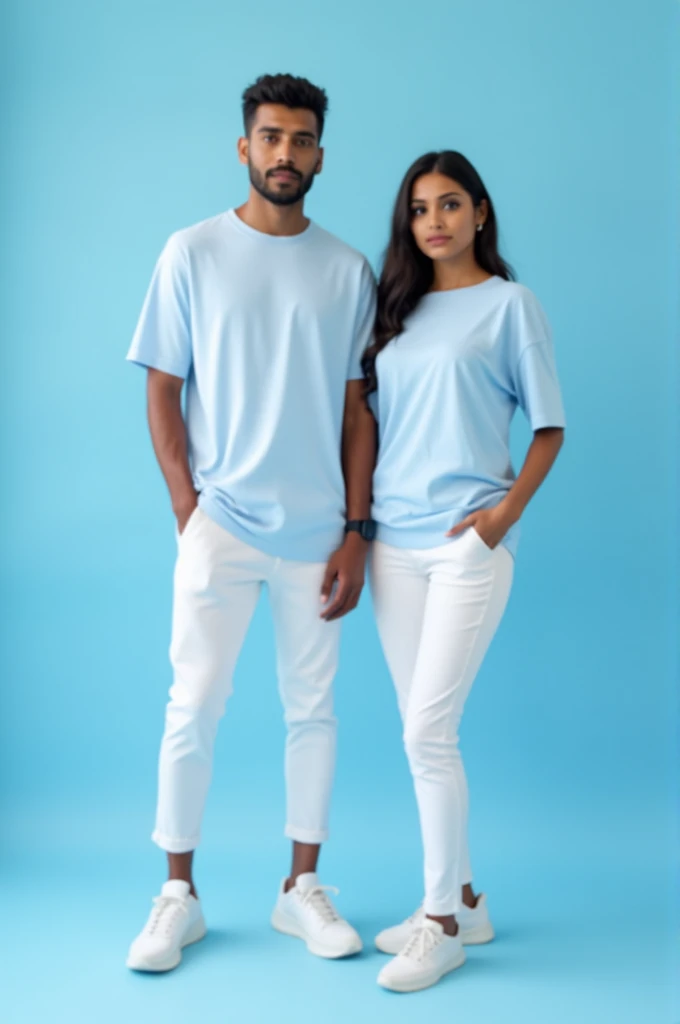 "Create a sleek and modern portrait of a couple couple must be look Indian dressed in contrasting lite sky blue and white outfits. The man wears a casual lite sky blue baggy t-shirt with white pants, while the woman also casual lite sky blue baggy t-shirt ...