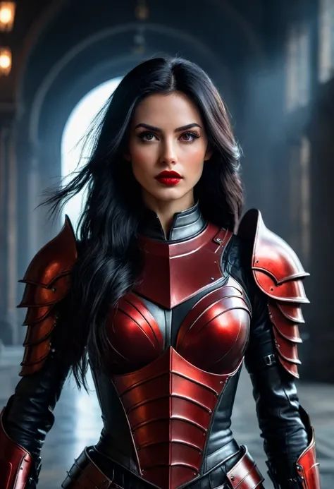 A dark warrior girl with long black hair and black eyes, wearing red lips and leather armor, in a Renaissance sci-fi full body portrait, (best quality,4k,8k,highres,masterpiece:1.2),ultra-detailed,(realistic,photorealistic,photo-realistic:1.37),intricate d...