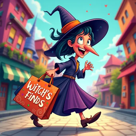 Image of a witch carrying a shopping bag with the words "Witch&#39;s Finds" in Cartoon, very colorful image