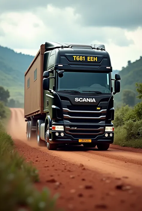 Create a 3D image of  black Scania truck with a yellow license plate reading T681 EEH" On the windshield, write MULTIPLIER. The truck should be driving on the roads of Congo."