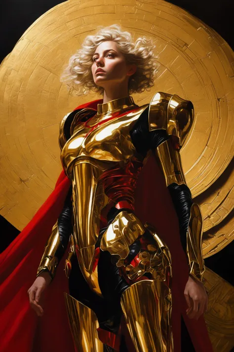 caravaggio painting; high contrast; red rising book series; virginia au augustus; beautiful woman, gold hair; shining gold eyes; leader of big spaceship feet; gold futuristic armor with red details; futuristic godess warrior; high-tech robotic armor
