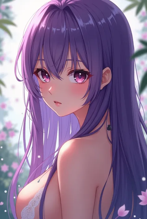 Purple haired anime girl without clothes and underwear