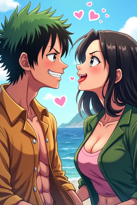 Zoro from one piece with Heart eyes looking at nico robin with tongue out