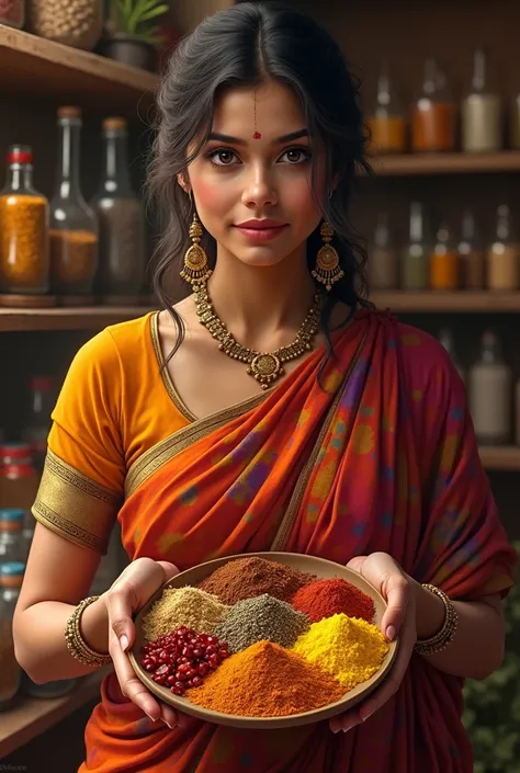 Make a picture of a fully clothed woman holding Indian spices