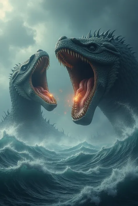 "Two colossal Leviathans emerge from the turbulent waters, staring at each other with fury. Their gigantic serpentine forms dominate the horizon, with worn scales, sharp as armor, reflecting the light from a dark and stormy sky. Their open mouths display r...