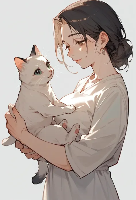 A female veterinarian, with short wavy, black hair, light brown siren eyes, pale skin, mature features. Carrying the small white cat to as she walks back to her veterinary clinic.