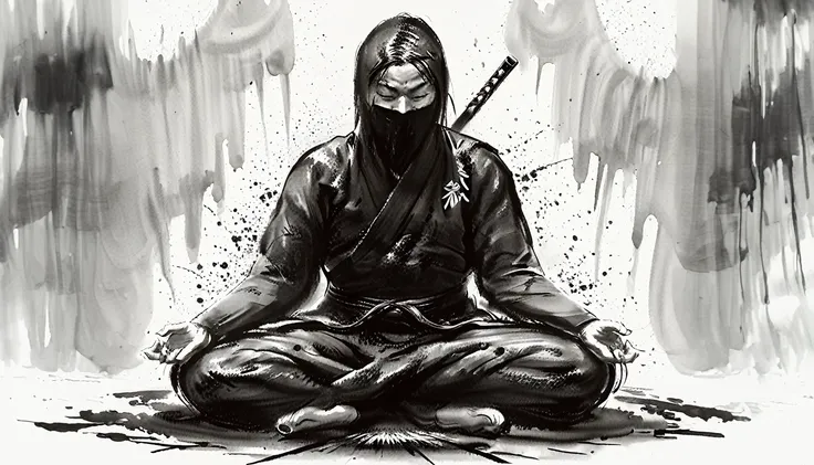 ninja in black outfit meditating, mystic ninja, zen meditation, white background, ink painting, black and white painting, artist...