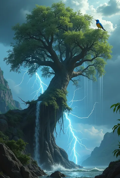 Generate me an image like this: a big tree, is being moved, hit by a strong electrical storm, where water falls and there is thunder, Its leaves fly in the air and its branches are shaken by the strong and violent wind., but emphasize me on a high branch w...