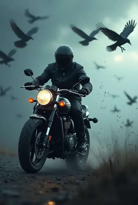 Animated photo of a motorcyclist on a black pulsar motorcycle and a background of crows 